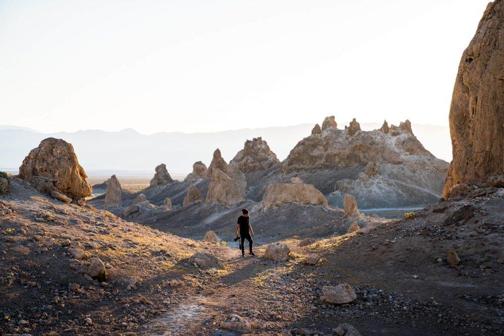 tyler minney hiking through the trona pinnacles in the morning | photo by jake landon schwartz